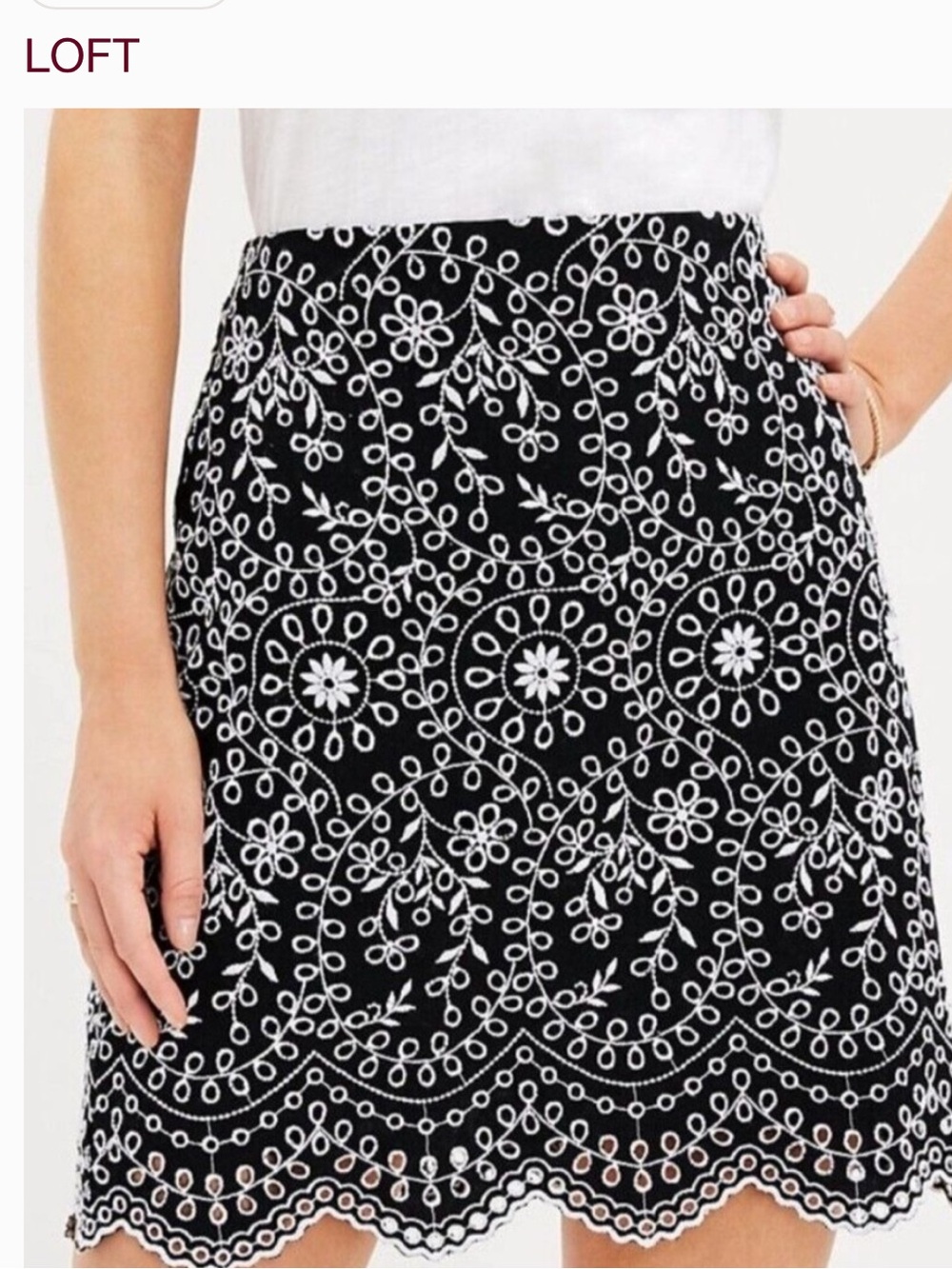 LOFT Black Skirt with White Embroidered Floral theme.Scallop Hem size 8